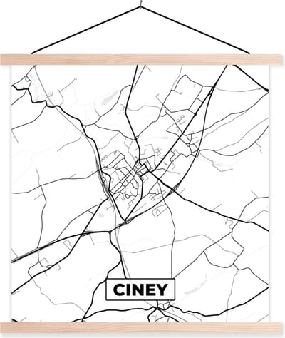 Posterhanger incl. Poster 40x40 cm - Schoolplaat - Stadskaart – Plattegrond – België – Zwart Wit – Ciney – Kaart - Textielposter - Blanke latten - Stadskaart