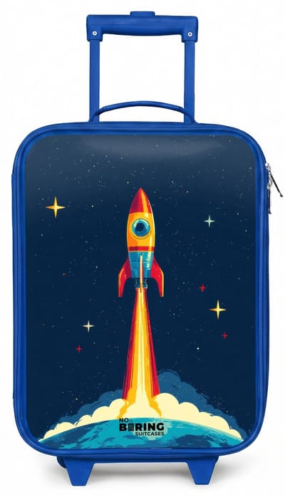 NoBoringSuitcases.com® - Kinderkoffer blauw - Kindertrolley jongen - Planeet - Raket - Sterren - Donkerblauw - Koffer kind lichtgewicht - Reiskoffer trolley voor kinderen - Koffertje met lichtgevende wieltjes - Rolkoffer