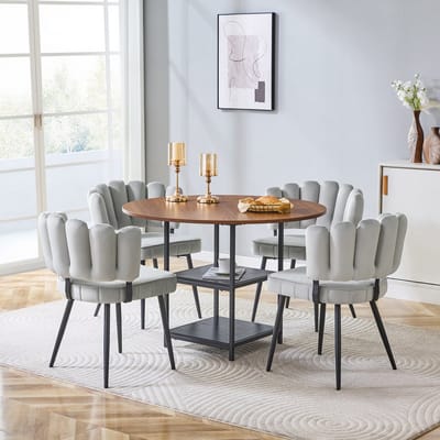 MODENUIT Eetkamerset 107 cm - Ronde Tafel Met Opbergrekken - Voor Eethoek En Appartement - Stof Metaal - Lichtgrijs