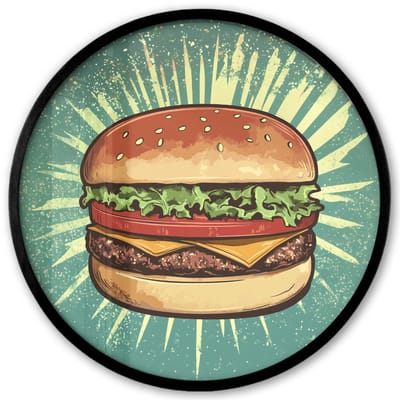 Poster in lijst Rond - Fotolijst 40x40 cm - Posters - Hamburger - Illustratie - Sla - Kaas - Ronde posterlijst zwart - Decoratie - Wanddecoratie woonkamer - Muurdecoratie slaapkamer