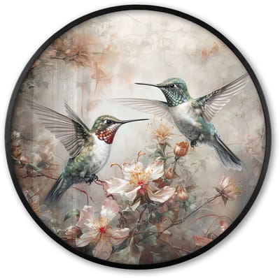 Poster in lijst Rond - Fotolijst 60x60 cm - Posters - Kolibrie - Vogels - Bloemen - Planten - Ronde posterlijst zwart - Decoratie - Wanddecoratie woonkamer - Muurdecoratie slaapkamer