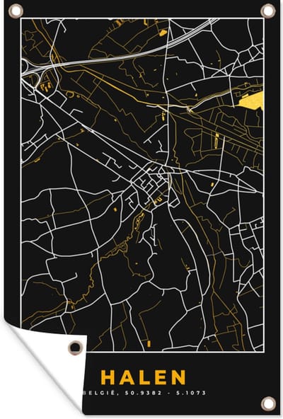 Muurdecoratie Halen - Plattegrond - Stadskaart - Kaart - Goud - 120x180 cm - Tuinposter - Tuindoek