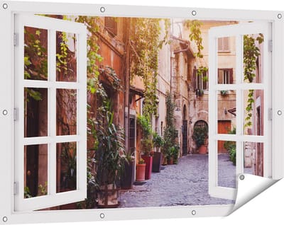 Gards Tuinposter Doorkijk Straatje in Rome met Groene Planten - 120x80 cm - Tuindoek - Tuindecoratie - Wanddecoratie buiten - Tuinschilderij