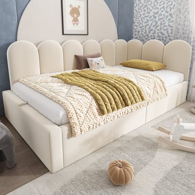 DESMIU Gestoffeerd Dagbed 90x190 cm – Hydraulische Opbergruimte – Verwisselbare Zijpanelen – Kinderkamer en Logeerkamer – Fluweel – Beige – Zonder matras