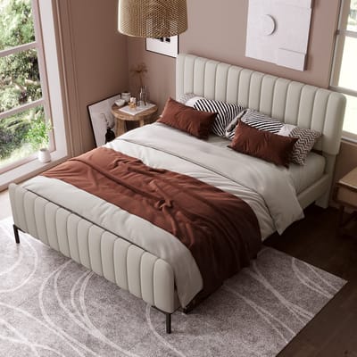 Gestoffeerd bed tweepersoonsbed 140 x 200 cm, bedframe met lattenbodem en verstelbaar hoofdeinde, gestoffeerd bed in beige, bedframe jeugdbed voor slaapkamer logeerkamer linnenmateriaal
