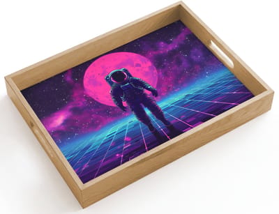 Dienblad hout 40x30 cm - Schootdienblad - Astronaut - Maan - Roze - Sterrennevels - Borrelplank rechthoek - Plateau dienbladen