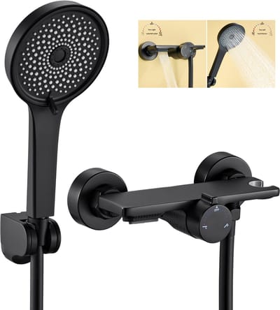 Opbouw Badkraan met Handdouche Complete Set - watervalontwerp - Met Opbergrek - Wandmontage met Douche-aansluiting Warm-Koud - Mengkraan - Zwart