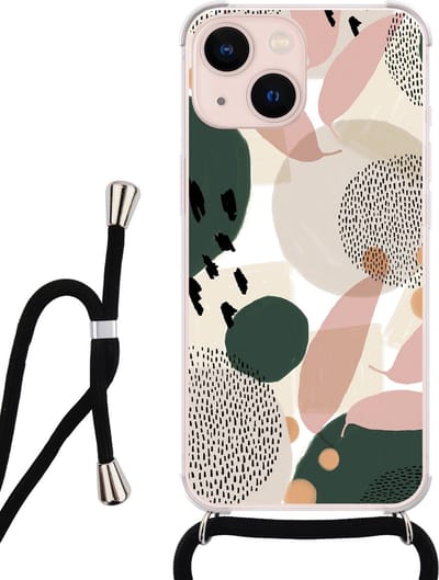 Hoesje met koord - Geschikt voor iPhone 13 - Abstract print - Verstelbaar zwart koord - Transparant, Beige - Print / Illustratie - Leuke Telefoonhoesjes