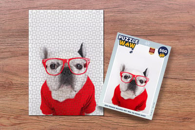 Puzzel Een Franse buldog met bril en rood shirt - Legpuzzel - Puzzel 500 stukjes