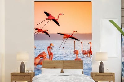 Behang - Fotobehang Vogel - Flamingo - Water - Zonsondergang - Roze - Breedte 200 cm x hoogte 300 cm