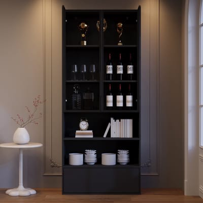 MIVRAY Vitrinekast - Met Ledverlichting En Glazen Deuren - Opbergkast Voor Woonkamer - Mdf En Glas - 80x34x180 Cm - Zwart