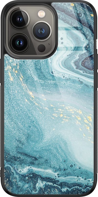 Hoesje geschikt voor iPhone 13 Pro Max - Marmer blauw - Luxe Glazen Hardcase - Marmer - Blauw - Leuke Telefoonhoesjes