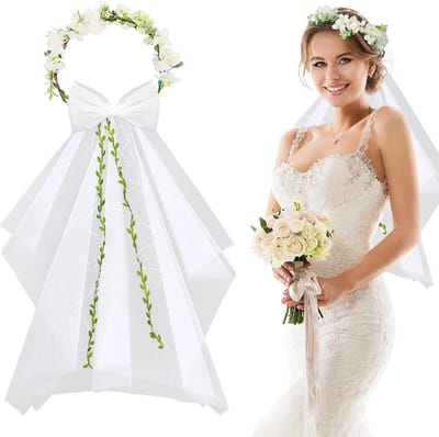 Korte Bruidssluier met Bloemenkrans en Strik - Romantisch Haaraccessoire voor Bruiloft en Vrijgezellenfeest
