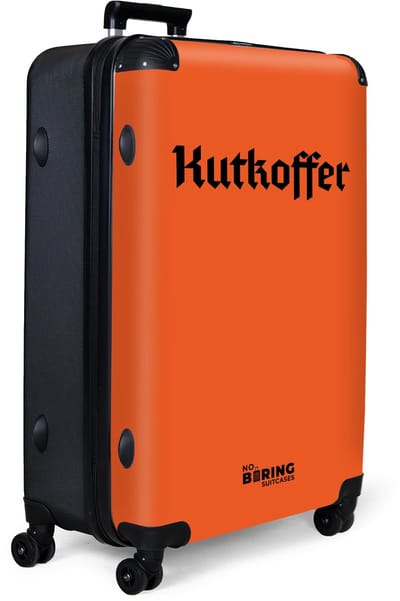 NoBoringSuitcases.com® - Koffer groot - Reiskoffer lichtgewicht - Oranje met tekst 'Kutkoffer' - Rolkoffer met 4 wielen - Grote trolley XL - 98 liter bagage