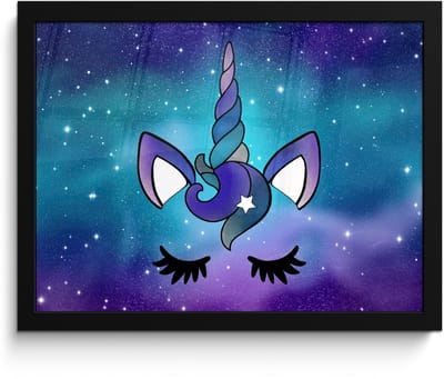 Poster in lijst - Fotolijst 40x30 cm - Posters - Eenhoorn - Sterrenhemel - Ster - Blauw - Posterlijst zwart - Decoratie - Wanddecoratie woonkamer - Muurdecoratie slaapkamer