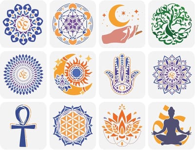 12 Stuks Stencils met Heilige Geometrie 15x15cm - Mandala Thema, Yoga Lotus, Levensboom en Hamsa Hand - Herbruikbare Sjablonen voor Wanddecoratie en Creatieve Projecten