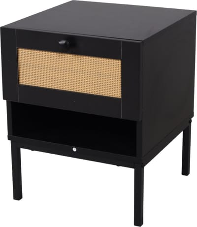 SensaHome - Nachtkastje Japandi 4 Poten - Antiek met Rotan Bovenkant - 40x40x50cm- 8.7 kg - Zwart