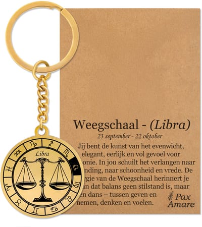 Sterrenbeeld Weegschaal (Libra) Sleutelhanger op Cadeau Kaartje – Spiritueel Cadeau van Roestvrij Staal – Goudkleurig – Pax Amare