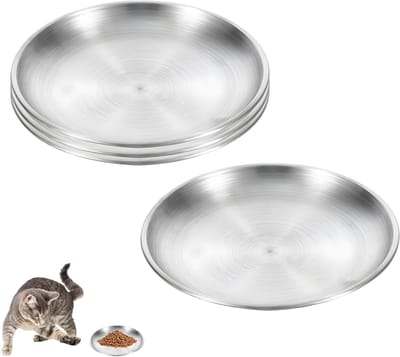 Set van 4 platte roestvrijstalen kattenvoederschalen van 14 cm, anti-slip, geschikt voor droog en nat voedsel, haarvriendelijk en gemakkelijk schoon te maken
