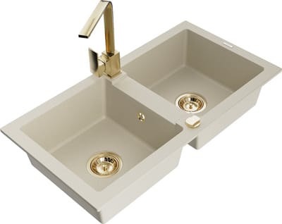 Mexen Mario granieten spoelbak met 2 koen en keukenkraan Rita, beige - 6504-69-670300-50