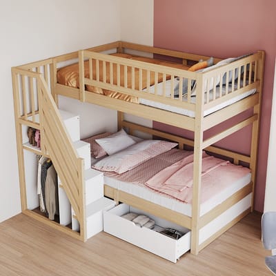 Komhtom Stapelbed van massief hout 90*200 cm, met hoge veiligheidsrail, met lattenbodem, veiligheidsladder met opbergruimte, met opberglades, kinderbed, tienerbed, houtkleur