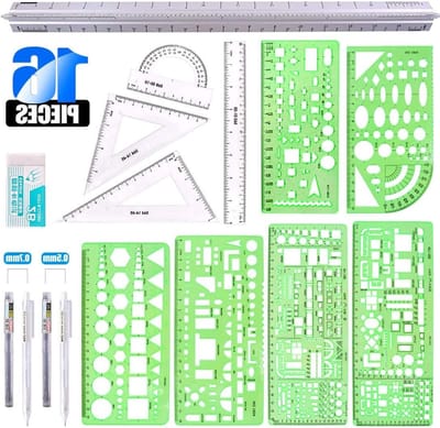 16 Stuks Meettemplates voor Bouwvormen, Geometrische Tekenlinialen en Driehoekige Architectenliniaal met Potlood, Navullingen en Gum voor Kantoor en School