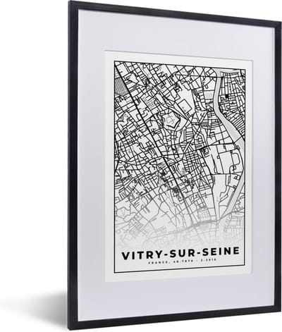 Fotolijst incl. Poster Zwart Wit- Stadskaart - Plattegrond - Kaart - Vitry-sur-Seine - Frankrijk - Zwart wit - 30x40 cm - Posterlijst