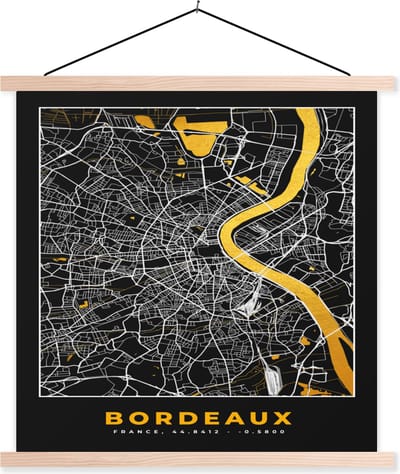 Posterhanger incl. Poster 40x40 cm - Schoolplaat - Frankrijk – Plattegrond – Bordeaux - Stadskaart – Kaart - Textielposter - Blanke latten - Stadskaart