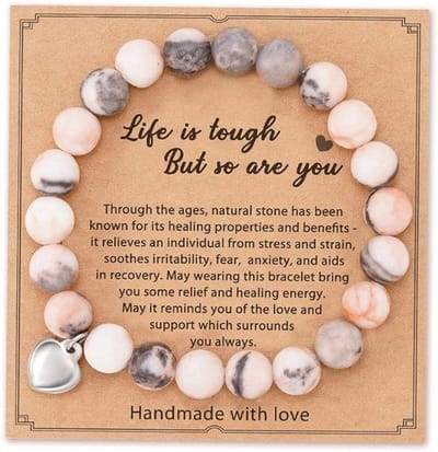 Bixorp Gems Roze Zebra Jaspis Armband op Cadeau Kaartje - "Life is Tough but so are You!" - Met Zilverkleurig Hartje Hanger - Edelsteen Kralenarmband met 8mm Kralen - 18cm