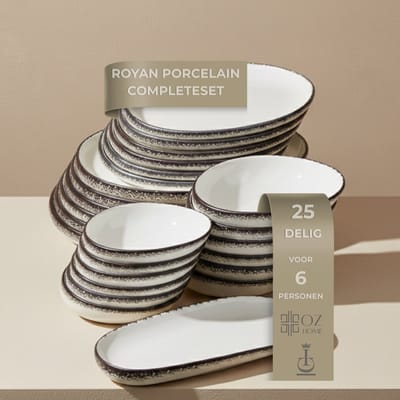 OZ HOME Bricard Royan Serviesset 25-delig Porselein - 6 Personen - Wit met Bruine Details - Stapelbaar - Vaatwasser-, Magnetron- en Ovenbestendig