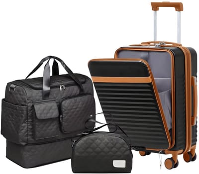 Bagagekoffer – Voor reizen en dagelijks gebruik – Uitbreidbaar met multifunctionele tas en kleine crossbodytas – Zwart, duurzaam materiaal (ca. 51 cm)