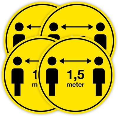 Set van 4 Corona vloerstickers 1,5 meter afstand houden ø 30 cm.