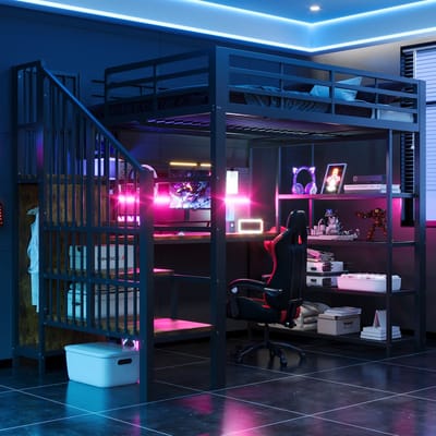 Hoogslaper 140 × 200 Cm, Tweepersoonsbed Lang Bureau En Lang Prikbord, Klein Driehoekig Plankje Met Stopcontacten En Ledstrip, Opbergvakken Met Meerdere Niveaus, Hoge Reling-Zwart