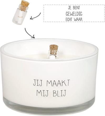 MY FLAME - Sojakaars - Flessenpostkaars - Jij maakt mij blij - Fresh Cotton - 35 branduren