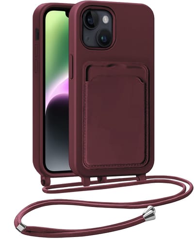Hoesje Geschikt voor iPhone 13 Hoesje Met Telefoonkoord en Pasjeshouder Siliconen - Hoes Geschikt voor iPhone 13 Hoesje Met Kaarthouder Case - Aubergine