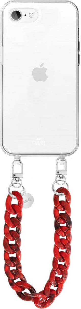 xoxo Wildhearts siliconen hoesje - Geschikt voor iPhone 7/8/SE 2020/2022 - Red Roses - Telefoonhoesje - Hoesje met koord - Rood koord - kort telefoonkoord - Transparant hoesje (korte variant)