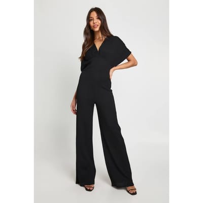 boohoo Dames Getextureerde Jumpsuit met Diepe Hals en Wijde Vleermuismouwen | Black | Maat: 10