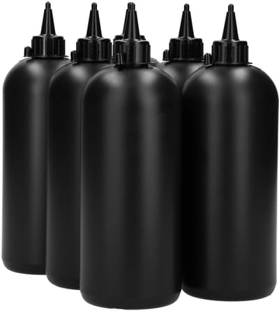 6 x 1000 ml ronde fles HDPE zwart + doseer tuitdop knijpbaar zwart - BPA Vrij - Niet Breekbaar - Plastic Flesjes Navulbaar - Met Dop - Lege Flessen - 6 stuks