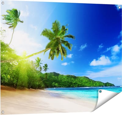 Gards Tuinposter Strand tijdens Zonsondergang in Seychellen - 100x80 cm - Tuindoek - Tuindecoratie - Wanddecoratie buiten - Tuinschilderij