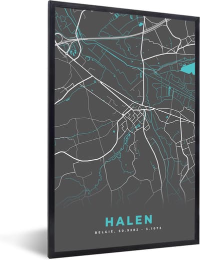 Fotolijst incl. Poster - Stadskaart – Grijs - Kaart – Halen – België – Plattegrond - 40x60 cm - Posterlijst