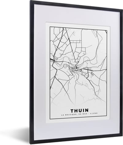 Fotolijst incl. Poster Zwart Wit- Plattegrond – Thuin – Zwart Wit – Stadskaart - Kaart - België - 30x40 cm - Posterlijst