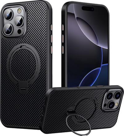 Hoesje Geschikt voor iPhone 16 Pro Arara hoesje met MagSafe-ondersteuning en carbon design – 360° draaibare magnetische standaard – Backcover met kickstand-ring – Zwart