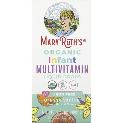 MaryRuth's, Gouttes Multivitaminées Liquides Biologiques pour Bébés, Sans Fer, 6-12 Mois, Orange Vanille, 2 fl oz (60 ml)