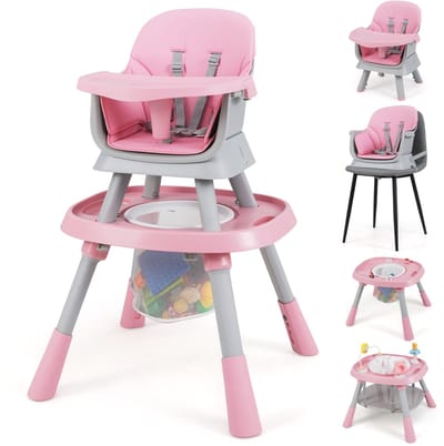 COSTWAY kinderstoel 16 in 1, kinderstoel & speelgoedtafel & bouwblokkenbord & kinderstoel & zitverhoger met afneembaar dienblad, 5-puntsgordel & mand, kinderstoel voor kinderen vanaf 6 maanden (roze)