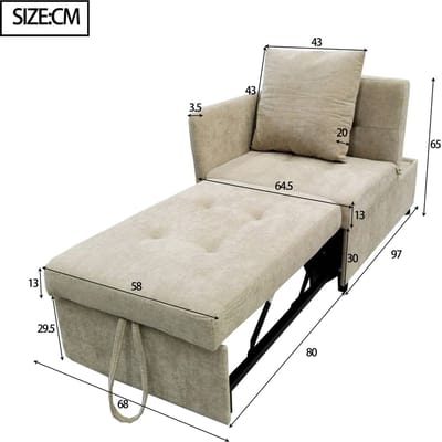 DESMIU Bedbank 177 x 68 x 65 cm - 3-in-1 Met Verstelbare Rugleuning En Kussen - Voor Kleine Ruimtes En Logeerkamer - Linnen Beige