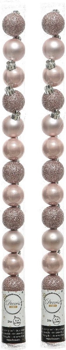 Decoris Mini kerstballen - 28x st - lichtroze - D3 cm - kunststof - kerstversiering