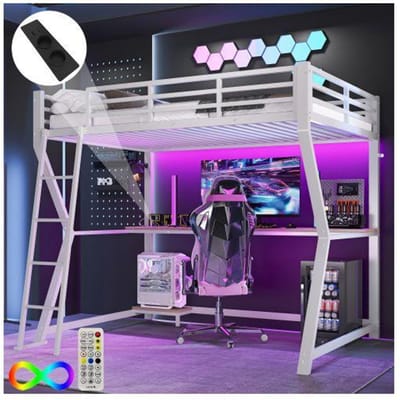 Verhoogd slaapgedeelte - MUVOE - 90 x 200 cm - LED sfeerverlichting - Multifunctioneel bureau - Ingebouwde USB-poort wit