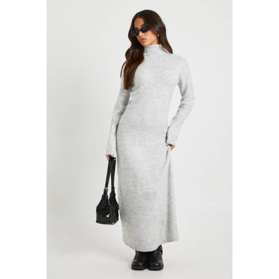 boohoo Dames Petite rolkraag superzachte gebreide maxi-jurk | Grijs | Maat: Medium