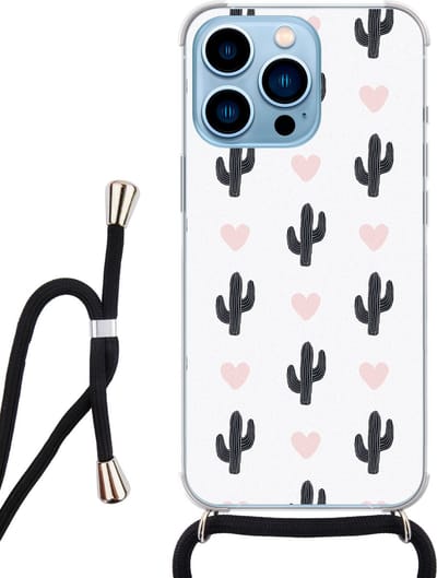 Hoesje met koord - Geschikt voor iPhone 13 Pro - Cactus - Verstelbaar zwart koord - Transparant, Groen - Planten - Leuke Telefoonhoesjes