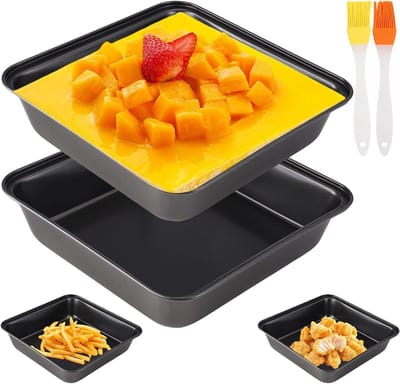Set van 2 Vierkante Bakvormen met 2 Oliekwasten - Antiaanbaklaag, RVS, Ideaal voor Lasagne, Taart en Toast - Makkelijk Schoon te Maken, 22 x 22,5 x 5 cm